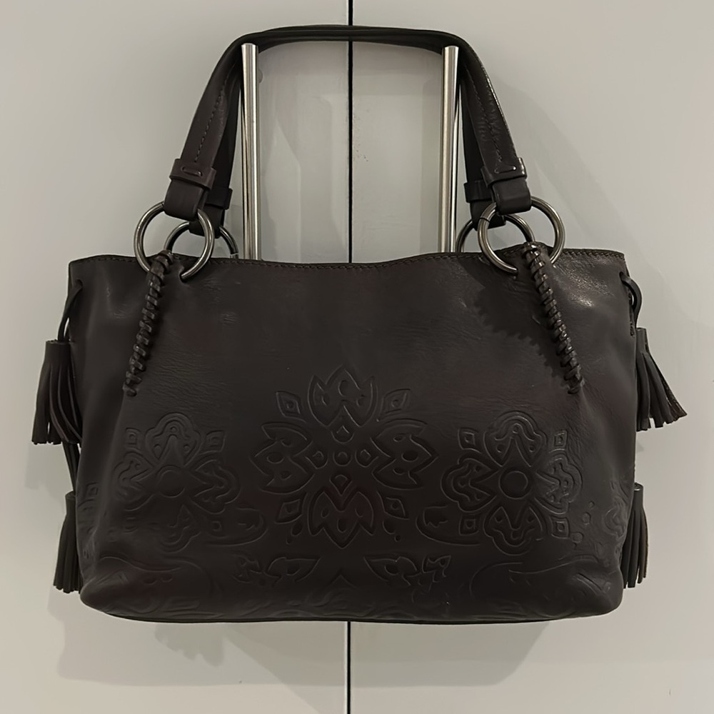 Andrea Mabiani Luxury Rustic Inspired Brown Leather Embossed Shoulder/Tote Bag - Picture 3 of 11